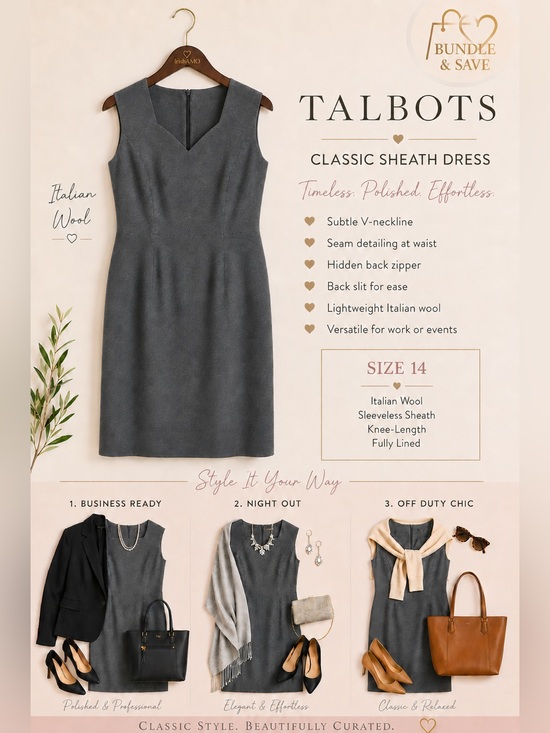 Talbots Dresses & Skirts - Talbots Sleeveless V-Neck Grey Sheath Dress - Italian Wool - Size 14